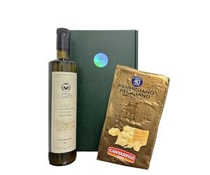 Oleum Comitis - Huile d'olive extra vierge - 100 % italienne extrait à froid - Boîte cadeau avec bouteille de 750 ml et Parmigiano Reggiano Cantarelli 1876 assaisonné 40 mois de 1 kg