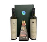 Oleum Comitis - Huile d'Olive Extra Vierge 100% Italienne Extraite à Froid - Coffret Cadeau avec deux Bouteilles de 500 ml et Parmigiano Reggiano AOP Vacche Rosse 24 Mois