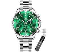 OLEVS Green Dial Watches for Men Fashion Analog Quartz Waterproof Chronograph Gold Silver Stainless Steel Watch Business Classic Luxury Big Face Luminous Multifunction Men Wristwatches