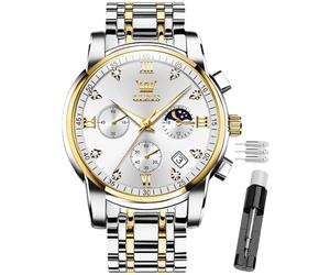 OLEVS Male Wrist Watches, Analog Quartz Business Stainless Steel Waterproof Luminous Watches Luxury Casual Big Diamond Dial Date Multi-Function Chronograph Watches for Man (Silver Gold-White Face)