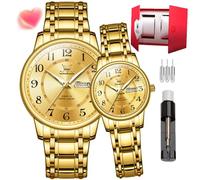 OLEVS Montre à quartz couple romantique expression homme jour nuit Glow calendrier étanche décontracté hommes femmes, 2891- Bracelet de montre doré - Style couple, amoureux