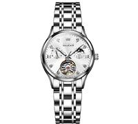 OLEVS Montre automatique de luxe pour femme - Avec diamants - Phase de la lune - Remontage automatique - En acier inoxydable - Étanche à 30 m - Aiguilles lumineuses - Cadran bleu - Élégante montre