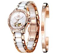 OLEVS Montre automatique pour femme - Or rose - Tendance - Avec strass - Montre mécanique à remontage automatique - Bracelet en céramique bicolores - Étanche et lumineuse - Coffret cadeau, Cadran Love