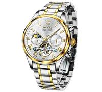 OLEVS Montre automatique pour homme - Squelette Tourbillon - Remontage automatique - En acier inoxydable - Étanche - Phase de lune - Jour et date, 7005 : bracelet bicolore et cadran blanc, Montres