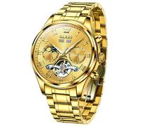 OLEVS Montre automatique pour homme - Squelette Tourbillon - Remontage automatique - En acier inoxydable - Étanche - Phase de lune - Jour et date, 7005 : bracelet doré et cadran doré, Montres