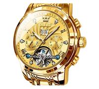 OLEVS Montre automatique squelette 5 aiguilles mécanique classique de luxe multi-calendrier en acier inoxydable étanche pour homme, doré, Sangle