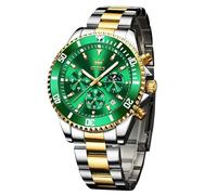 OLEVS Montre chronographe analogique à quartz pour homme - Cadran vert classique - Phase lunaire avec date - Montre décontractée étanche et lumineuse pour homme - Doré et argenté
