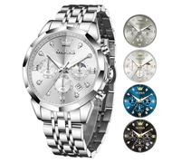 OLEVS Montre chronographe multifonction en acier inoxydable étanche à quartz pour homme avec phase de lune et diamant lumineux - Cadeau idéal pour homme, Bracelet argenté face blanche - G3670G, Round