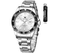 OLEVS Montre classique à quartz analogique pour femme - En acier inoxydable - Étanche - Affichage du jour et de la date - Deux tons - Facile à lire, montre femme argent blanc, montre femme