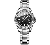 OLEVS Montre de luxe pour femme en acier inoxydable étanche avec date et diamants Doré, 9945 : bracelet argenté et cadran noir, Classique