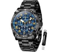 OLEVS Montre de luxe pour homme avec grand cadran élégant et original, phase de lune, deux tons en acier inoxydable, étanche, calendrier, montre-bracelet, G3689 : bracelet noir et cadran bleu, Cadeau