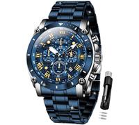 OLEVS Montre de luxe pour homme avec grand cadran élégant et original, phase de lune, deux tons en acier inoxydable, étanche, calendrier, montre-bracelet, G3689 : bracelet bleu et cadran bleu, Cadeau