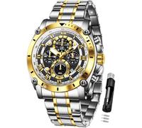 OLEVS Montre de luxe pour homme avec grand cadran élégant et original, phase de lune, deux tons en acier inoxydable, étanche, calendrier, montre-bracelet, G3689 : bracelet bicolore et cadran noir