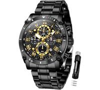 OLEVS Montre de luxe pour homme avec grand cadran élégant et original, phase de lune, deux tons en acier inoxydable, étanche, calendrier, montre-bracelet, G3689 : bracelet noir et cadran noir, Cadeau