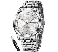 OLEVS Montre diamant de luxe pour homme - Montre à quartz en acier inoxydable - Étanche - Lumineuse - Jour et date, 5513 : bracelet argenté et cadran blanc, Montre à quartz