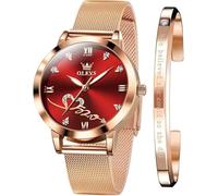 OLEVS Montre pour femme avec bracelet en maille or rose - Tendance - Étanche - Lumineuse - Pour femme, L5530 : bracelet en or rose et cadran rouge, Classique