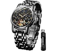 OLEVS Montre pour homme à remontage mécanique automatique phase de lune en acier inoxydable bicolore date étanche lumineuse, tout noir, Lot de 2