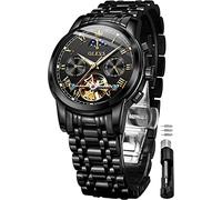 OLEVS Montre pour Homme Automatique mécanique en Acier Inoxydable Phase de Lune étanche Date Lumineuse Tourbillon Montre-Bracelet pour Homme, Tout Noir, Bracelet