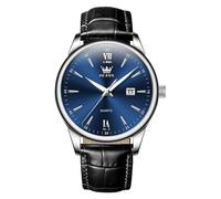 OLEVS Montre pour homme, montre à quartz analogique en acier inoxydable avec chiffres arabes classiques, étanche, lumineuse, jour et date, montre en cuir pour homme, 5009-cadran bleu/cuir noir