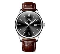 OLEVS Montre pour homme, montre à quartz analogique en acier inoxydable avec chiffres arabes classiques, étanche, lumineuse, jour et date, montre en cuir pour homme, 5009-cadran noir/cuir marron