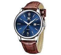 OLEVS Montre pour homme, montre à quartz analogique en acier inoxydable avec chiffres arabes classiques, étanche, lumineuse, jour et date, montre en cuir pour homme, 5009-cadran bleu/cuir marron