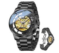 OLEVS Montre squelette dorée mécanique automatique de luxe à remontage automatique en acier inoxydable étanche et lumineuse pour homme, 6728 : bracelet noir et cadran noir