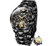 OLEVS Montre squelette mécanique automatique à remontage automatique avec cristal saphir de luxe en acier tungstène étanche bracelet bicolore, Bracelet noir, cadran noir