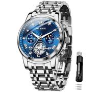 OLEVS Montre squelette pour homme en acier inoxydable analogique à quartz phase de lune diamant multi calendrier chronographe étanche montre-bracelet pour homme, G2856 : bracelet argenté et cadran