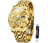 OLEVS Montre squelette pour homme en acier inoxydable analogique à quartz phase de lune diamant multi calendrier chronographe étanche montre-bracelet pour homme, G2856 : bracelet doré et cadran doré