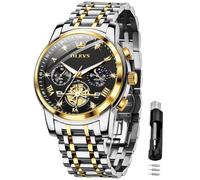 OLEVS Montre squelette pour homme en acier inoxydable analogique à quartz phase de lune diamant multi calendrier chronographe étanche montre-bracelet pour homme, G2856 : bracelet argenté doré et