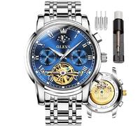 OLEVS Montres pour homme automatiques, montres squelette à remontage automatique pour tourbillon en acier inoxydable de luxe avec date, montres mécaniques étanches pour homme, Bracelet