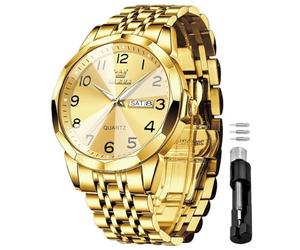 OLEVS Montres pour homme en acier inoxydable avec quartz analogique étanche lumineux de luxe, montre de ville avec date, diamant, affaire décontractée, montre-bracelet pour homme (cadran or/bleu/noir