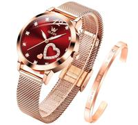 OLEVS Womens Watch Gift Set avec Bracelet Rose Gold Rouge Ladies Minimaliste Minimaliste Slim Robe DéContractéE Analogique Montre à Quartz ImperméAble
