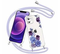 Olgary Coque pour iPhone 12 Pro/iPhone 12 avec Cordon, Étui de Protection Motif de Fleurs avec Corde Portable Bandouliere Collier Chaîne Réglable, Housse PC Dur Transparente Antichoc Mince Case