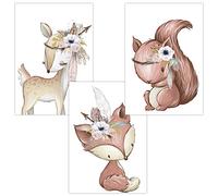 Olgs Lot de 3 images pour chambre de bébé - Poster décoratif pour chambre d'enfant - Poster mural animaux - Poster mural fille DIN A4 - Animaux de la forêt, chevreuil, renard, écureuil, bohème