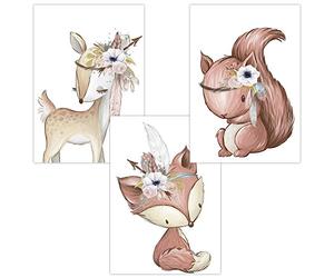 Olgs Lot de 3 images pour chambre de bébé - Poster décoratif pour chambre d'enfant - Poster mural animaux - Poster mural fille DIN A4 - Animaux de la forêt, chevreuil, renard, écureuil, bohème