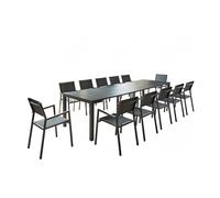 CONCEPT USINE | Ensemble Console Extensible en Aluminium 2 à 12 Places + 12 Chaises | Design OLHAO Gris Foncé | Table à Rallonge d'Extérieur Moderne et Pratique | Rangement Facile