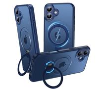 OLHAOMAO Coque pour iPhone 16 360 Ajustable Support Compatible avec MagSafe, Bleu Mat Translucide Case Anneau Magnétique Invisible Etui Antidérapant & Antichoc pour 16