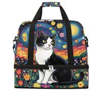Oli Sac de sport pliable de grande capacité avec compartiment pour chaussures et chaussures Motif chat et fleurs