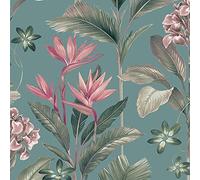 Oliana Papier peint Motif floral tropical Vert/bleu/rose