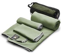 OlimpiaFit Lot de 3 Serviettes absorbantes en Microfibre avec Poche en Filet - Séchage Rapide, Ultra légères et compactes - Camping, Sport, Plage (Kaki)