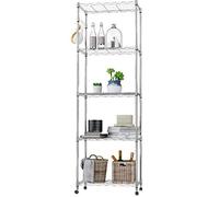 oliote Étagère à 5 Niveaux, Étagère sur roulettes Chrome, Etagère de Rangement en Métal, Etagère en Fil de Fer avec Crochets latéraux, 59 x 35 x 183cm, Argent