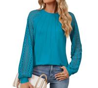 OLIPHEE Chemisier Femme Manches en Dentelle Découpées Tee Shirt Manches Longues Blouse Couleur Unie Col Rond Chic Élégante Décontractée Bleu Shocking XL