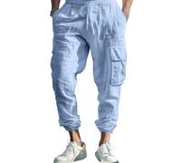 OLIPHEE Pantalon Cargo Homme en Lin Taille Elastique Pantalon de Travail Homme avec Cordon de Serrage et Poches Décontracté Respirant Sportswear Bleu Clair XXL