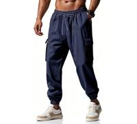 OLIPHEE Pantalon Cargo Homme Été Pantalon Lin Homme Baggy Taille Elastique avec Poches Pantalons de Travail Hommes Respirant Décontracté Jogging Sportswear Plage Vacance Été Bleu Marine L