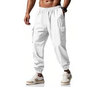 OLIPHEE Pantalon Cargo Homme Été Pantalon Lin Homme Baggy Taille Elastique avec Poches Pantalons de Travail Hommes Respirant Décontracté Jogging Sportswear Plage Vacance Été