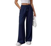 OLIPHEE Pantalon Femme Taille Elastique Pantalon Fluide Femme Pants Jambe Large avec Cordon de Serrage Sweatpants Décontracté Sportwear Yoga Printemps Automne Bleu Marine M