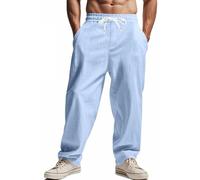 OLIPHEE Pantalon Lin Homme Taille Elastique Pants Ample Fluide Pantalon Sport Homme avec Cordon de Serrage et Poches Décontracté Respirant Léger Plage Yoga Bleu Clair XL