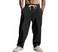 OLIPHEE Pantalon Lin Homme Taille Elastique Pants Ample Fluide Pantalon Sport Homme avec Cordon de Serrage et Poches Décontracté Respirant Léger Plage Yoga A-Noir S