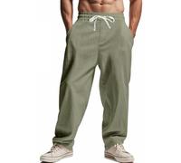OLIPHEE Pantalon Lin Homme Taille Elastique Pants Ample Fluide Pantalon Sport Homme avec Cordon de Serrage et Poches Décontracté Respirant Léger Plage Yoga Vert-2 3XL